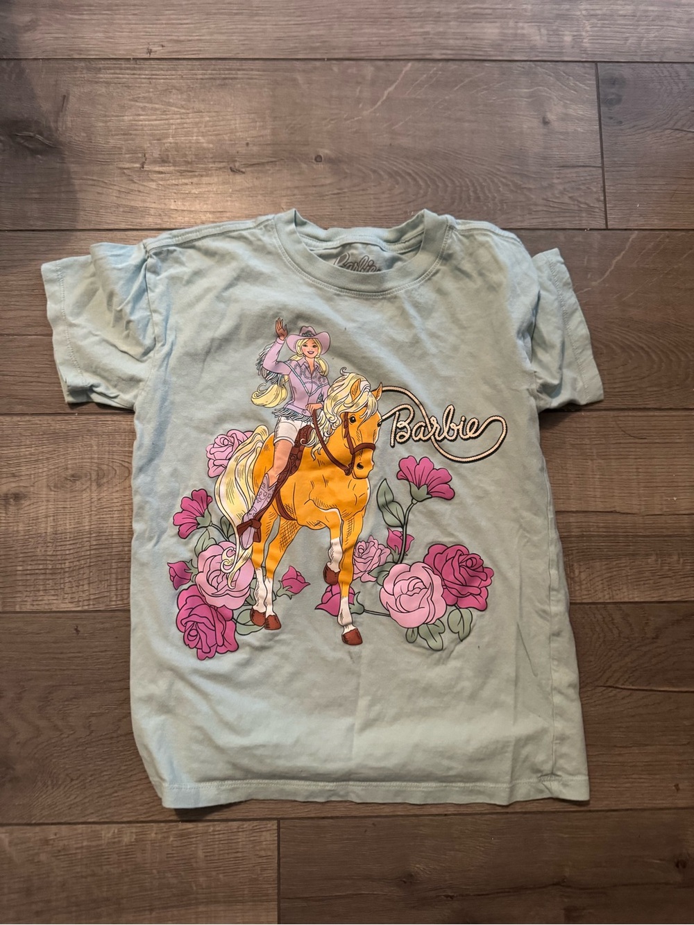 Barbie Light Blue Tee with Yellow Horse and Pink Floral Graphic